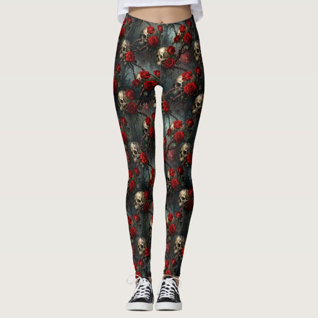 Döda kranier och röda klättrande rosor leggings (Framsida)