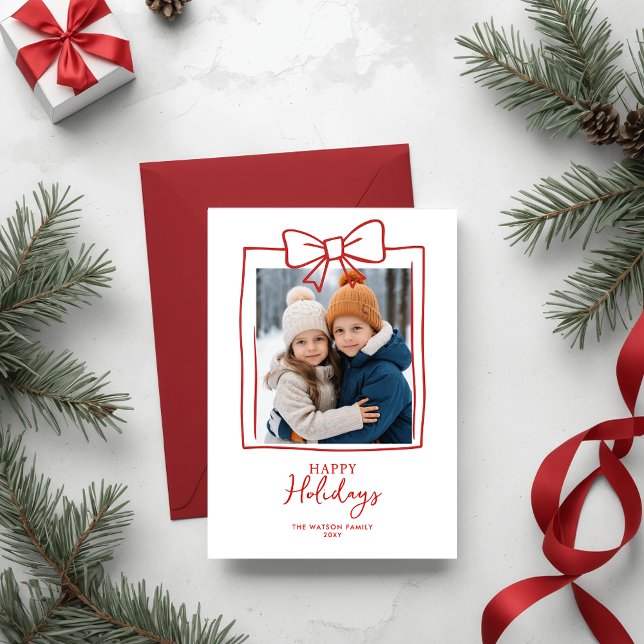 Doddle Hand plockade Bow Jul Photo Helgdag Post Helg Vykort (Cute Red Christmas Hand-Drawn Bow Ribbon Holiday Card)