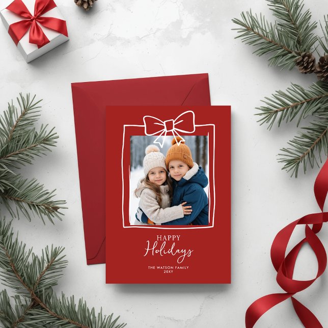 Doddle Hand plockade Bow-julfoto Helg Vykort (Doodle Christmas Hand-Drawn Bow Ribbon Holiday Card)