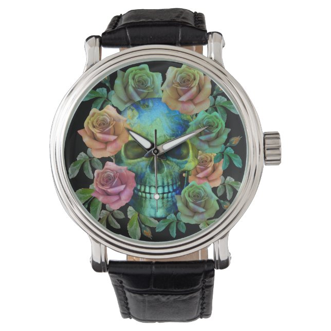 DÖDEN GRÖN DÖDSKALLE MED BLOMMOR ARMBANDSUR (Framsida)