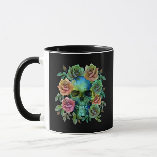 DÖDEN GRÖN DÖDSKALLE MED BLOMMOR MUGG (Vänster)