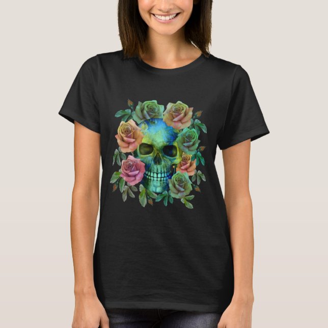 DÖDEN GRÖN DÖDSKALLE MED BLOMMOR T SHIRT (Framsida)