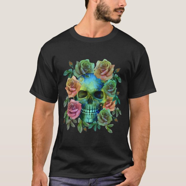 DÖDEN GRÖN DÖDSKALLE MED BLOMMOR T SHIRT (Framsida)