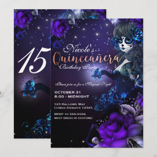 Dödens dag-flicka Lila Blå Quinceañera-fest Inbjudningar