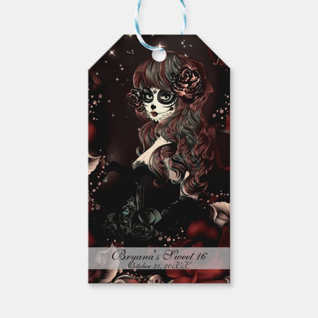 Dödens dag Mexikansk flicka födelsedagsfest Röd Presentetikett (Framsidan)