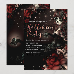 Dödens Dag Skalle Flicka Röd Halloween Fest Inbjudningar