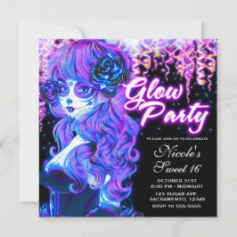 Dödens dag Socker Skalle Flicka Glöda Neon Party Inbjudningar