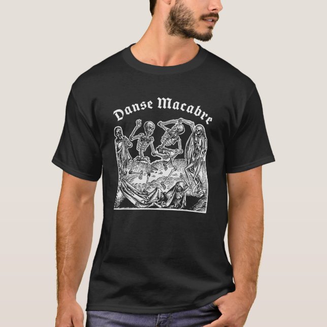 Dödens dans Danse Macabre Kuslig medeltida skelett T Shirt (Framsida)