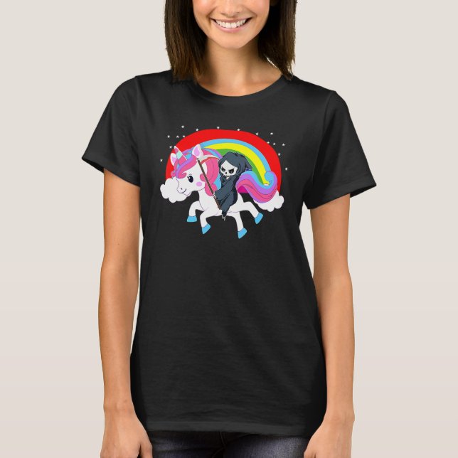 Dödgrävaren ridande på enhörning regnbåge död ange t shirt (Framsida)