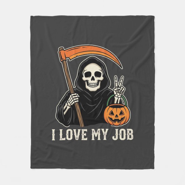 Dödsängeln älskar mitt jobb Halloween-design Fleecefilt (Framsidan)