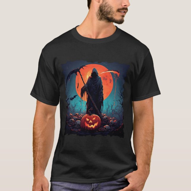 Dödsängeln med halloweenpumpa och fullmåne t shirt (Framsida)