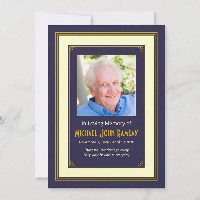 Dödsannonsering om FoU-fenomenet Navy Blue Guld Inbjudningar (Framsida)