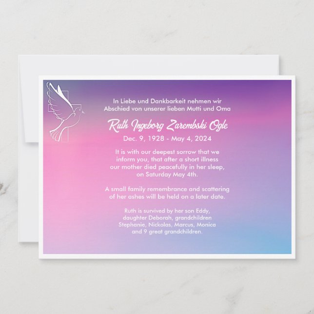 Dödsannonseringskort för Dove European Stil Meddelande (Framsida)