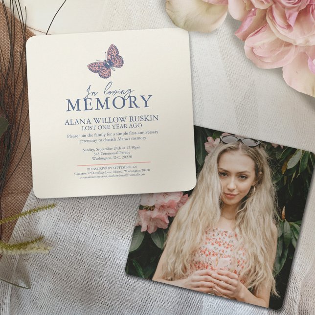 Dödsårsjubiléer för korallkräm, fjäril-foto inbjudningar (Skapare uppladdad)