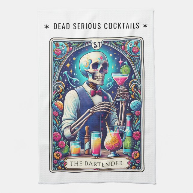Dödseriosa drinkar Tarot Bartender Skelett Kökshandduk (Vertikal)
