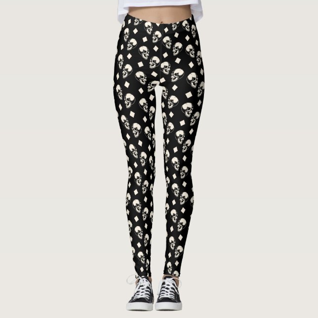 Dödskallar Diamantmönster Svarta Halloween Legging (Framsida)