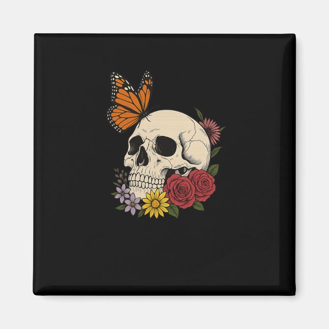 Dödskallar Monark Fjäril Blommor Halloween Män Kvi Magnet (Framsidan)
