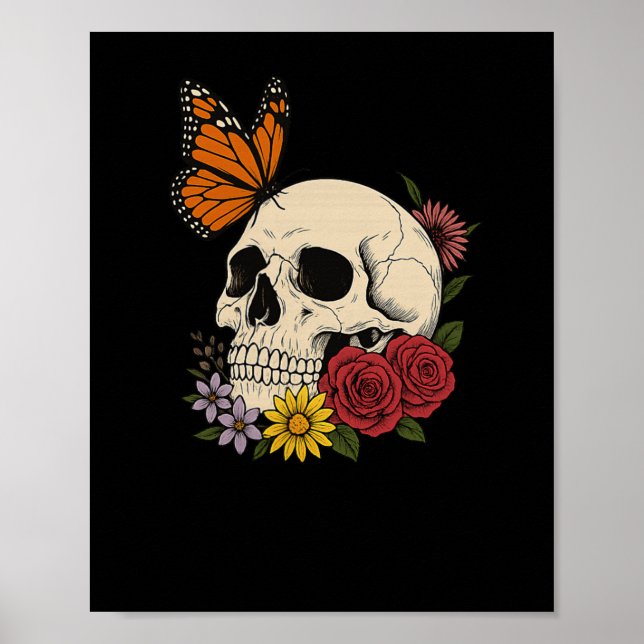 Dödskallar Monark Fjäril Blommor Halloween Män Kvi Poster (Framsidan)