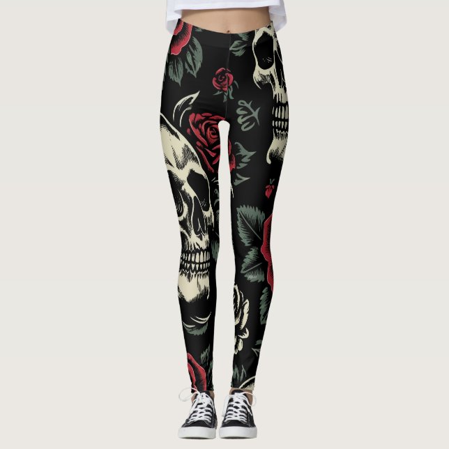 Dödskallar & Röda Rosor Gotisk Blommig  Leggings (Framsida)