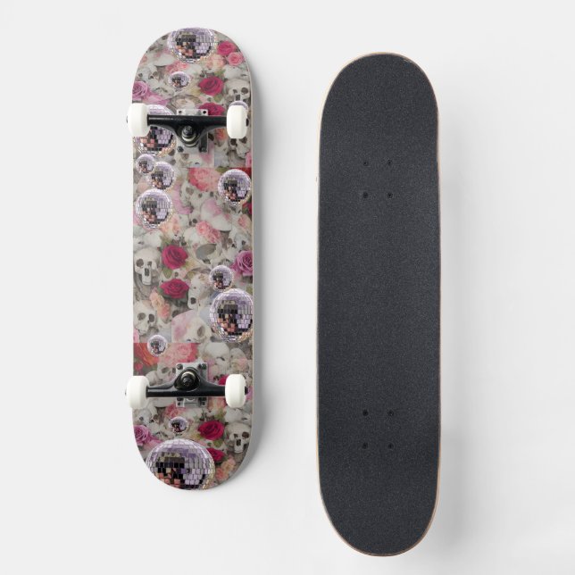 Dödskallar Rosor och Rosa Diskobollar Mini Skateboard Bräda 18,5 Cm (Framsida)