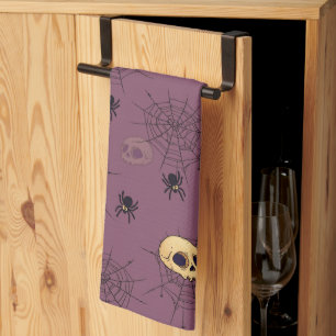 Dödskallar Spindlar Spindelnät Lila Halloween Kökshandduk