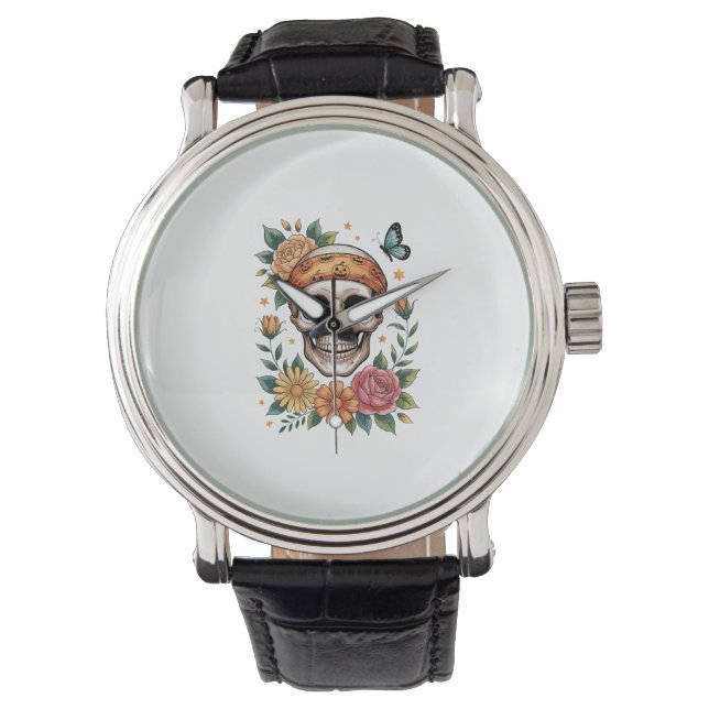 Dödskalle Blommig Halloween Kuslig Armbandsur (Framsida)