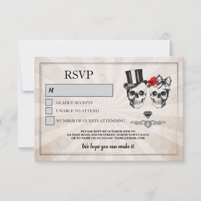 Dödskalle Bröllop RSVP Dödskalle Rosor Rustika Kor Inbjudningar (Framsida)