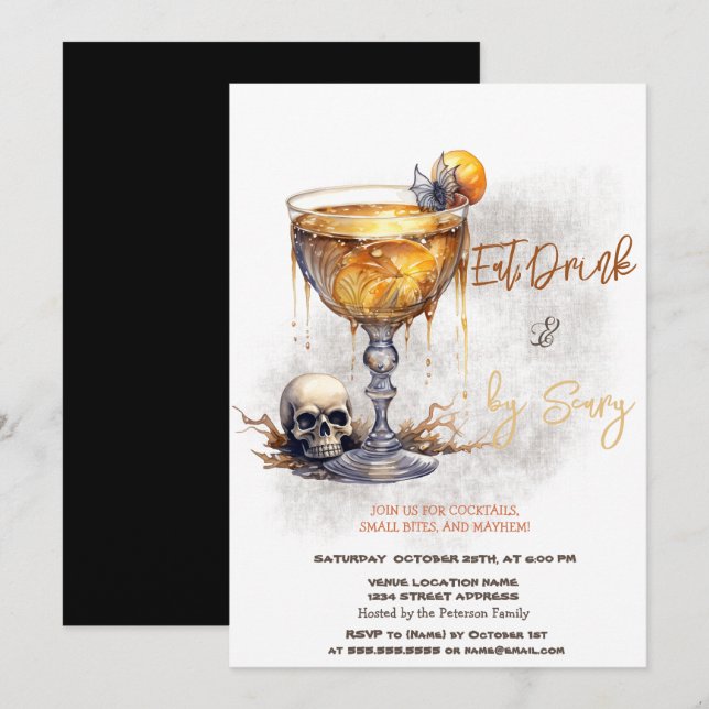 Dödskalle Cocktail Skräckkostymer & Cocktail Hallo Inbjudningar (Fram/baksida)
