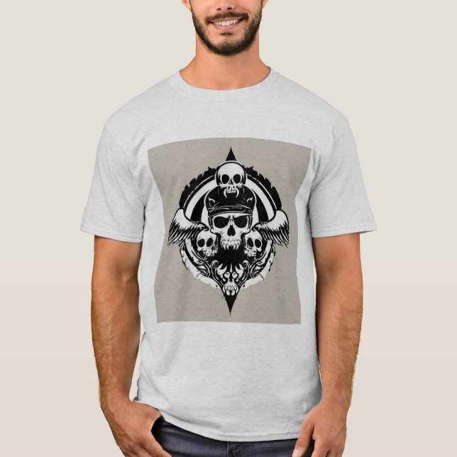 Dödskalle-design med vingar och symboler t shirt (Framsida)