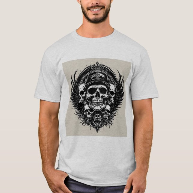 Dödskalle-design med vingar och symboler t shirt (Framsida)