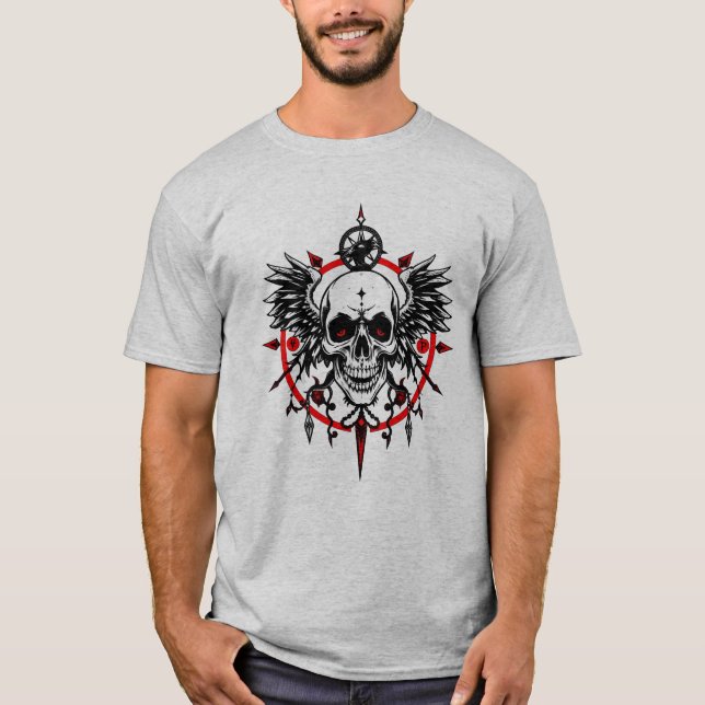 Dödskalle Kompass T-Shirt – Gotiska Vingar & Rött  (Framsida)