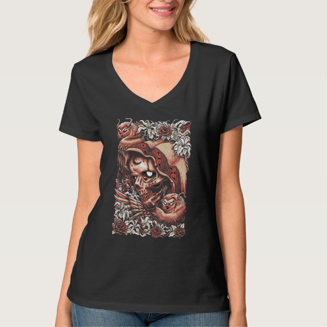 Dödskalle Kung Skelett Med Uggla T Shirt (Framsida)