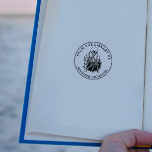 Dödskalle Läsande Bok, Rund Från Biblioteket Stämpel