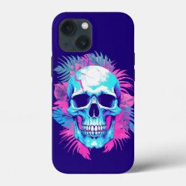 Dödskalle med blommor i Vaporwave-stil