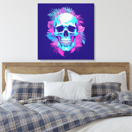 Dödskalle med blommor i Vaporwave-stil Canvastryck