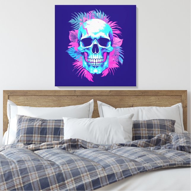 Dödskalle med blommor i Vaporwave-stil Canvastryck (Insitu (sovrum))