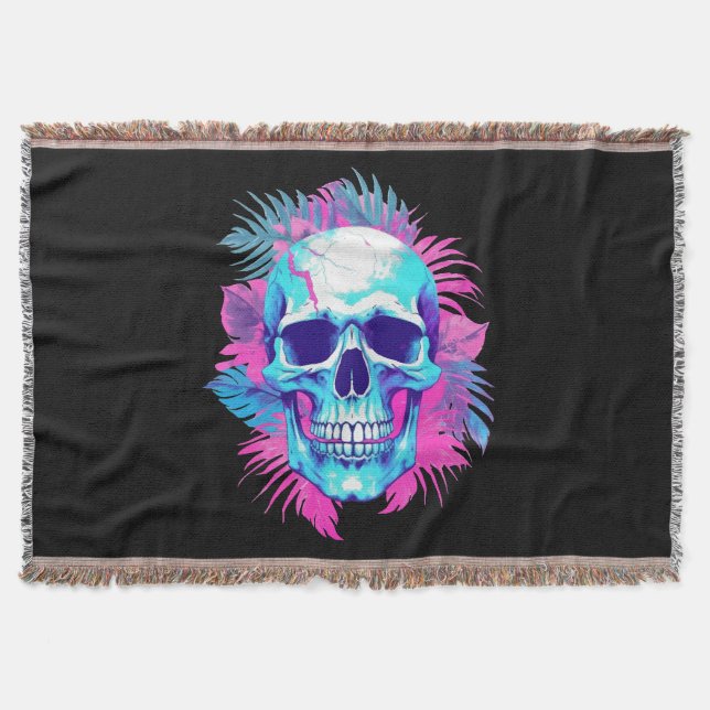 Dödskalle med blommor i Vaporwave-stil Filt (Framsidan)
