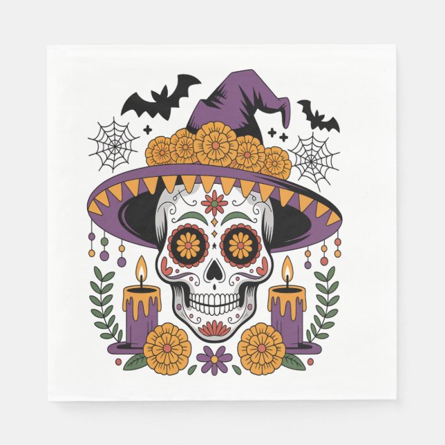 Dödskalle med häxhatt Halloween vektor Pappersservett (Framsidan)