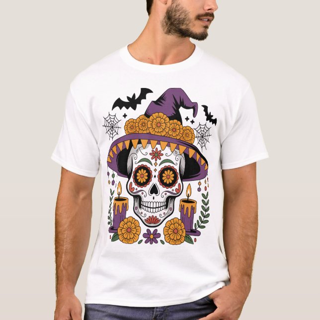 Dödskalle med häxhatt Halloween vektor T Shirt (Framsida)