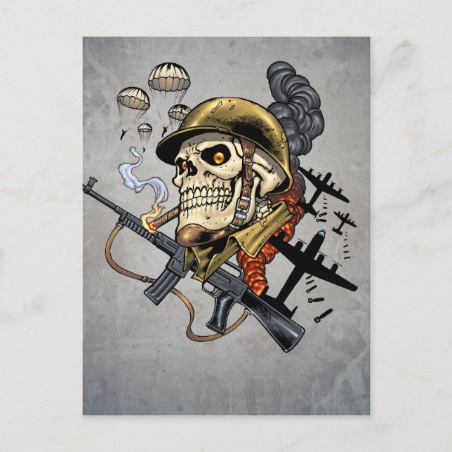 Dödskalle med hjälm, flygplan och bomber vykort (Framsida)