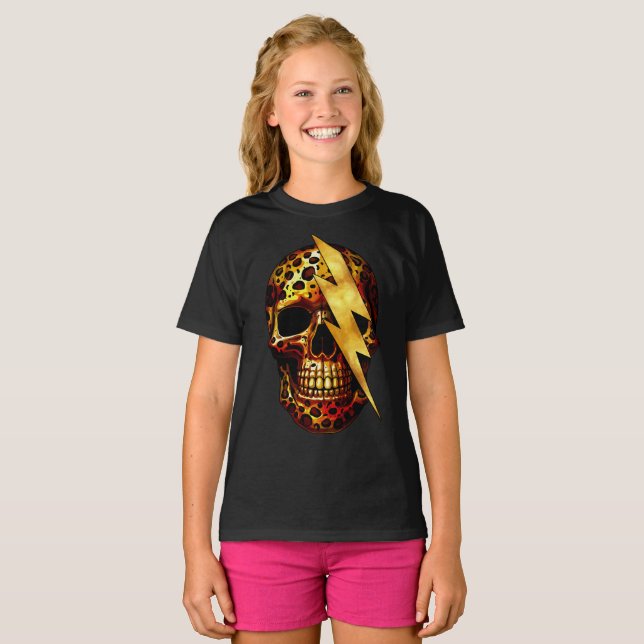 Dödskalle med leopardtryck och guldgnista t shirt (Hel framsida)