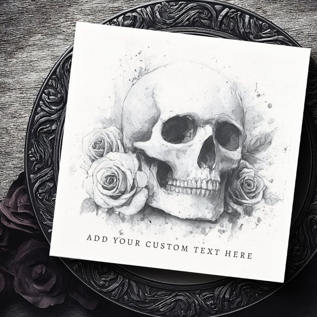 Dödskalle med rosor akvarellmålning pappersservett (Skull with roses watercolor painting napkins)