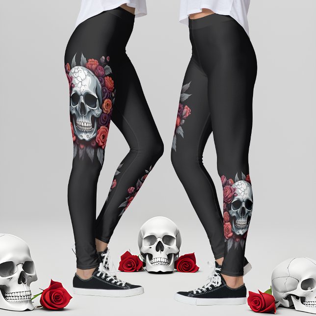 Dödskalle med rosor gotiska Halloween-leggings Leggings (🌹 Chic Style in Darkness: Gothic Halloween Leggings! 👻)