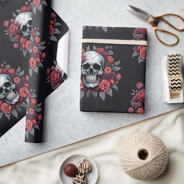 Dödskalle med rosor gotiskt Halloween-inpackningsp Presentpapper (🌹 Elegance in Darkness: Gothic Halloween Wrapping Paper! 👻)