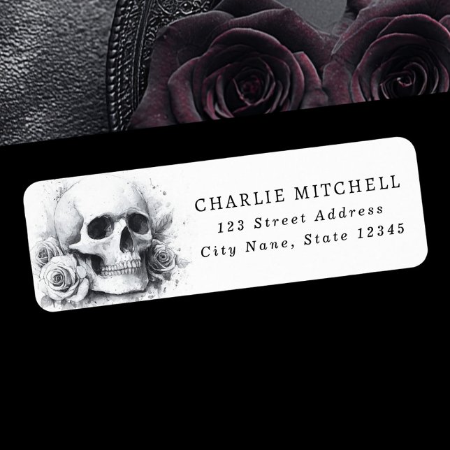 Dödskalle med rosor Halloween returadress Etikett (Skull with roses Halloween return address Label)