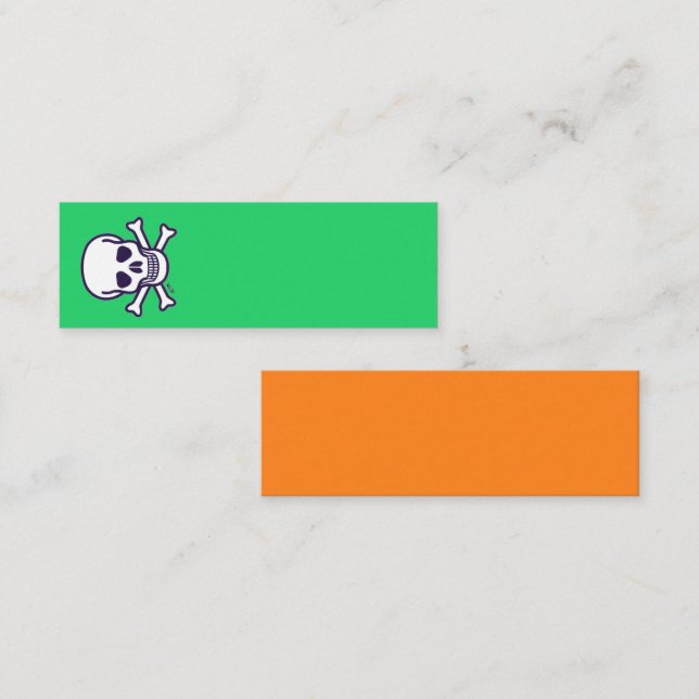Dödskalle och ben grön orange mini visitkort vert (Fram/baksida)