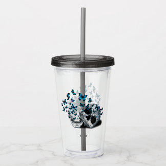 Dödskalle och blå fjärilar gotisk grå take away mugg