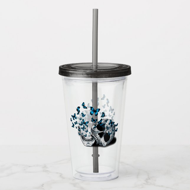 Dödskalle och blå fjärilar gotisk grå take away mugg (Framsida)