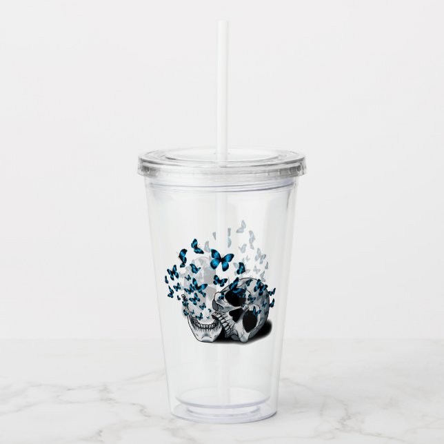 Dödskalle och Blå Fjärilar Take Away Mugg (Framsida)