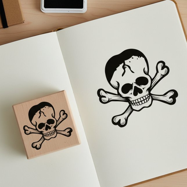 Dödskalle och korslagda ben Jolly Roger Trästämpel Stämpel (Skull and crossbones wooden art stamp.)